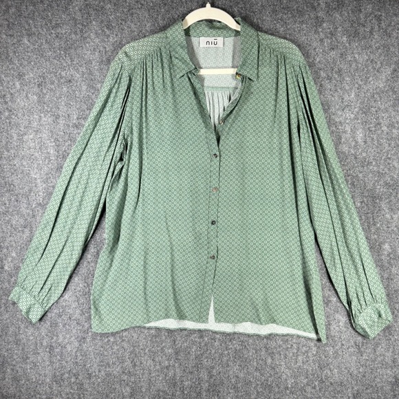 niu Tops - Niu Womens Italy Green Geometric Print Viscose Button Down Blouse XL Long Sleeve